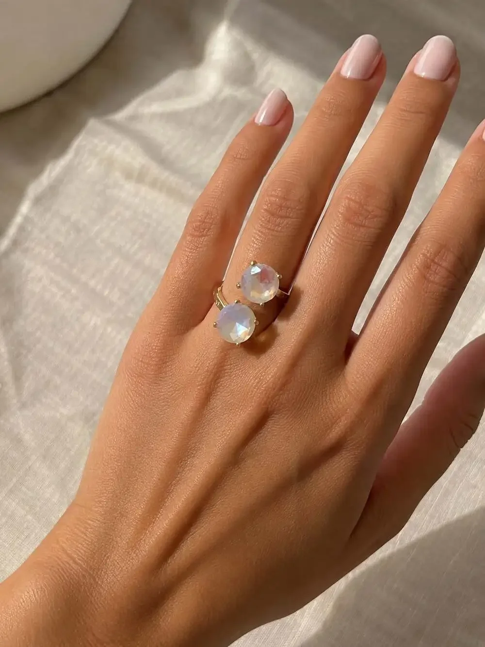 Iridescent Double Stone Statement Ring Gold Plated Stainless Steel Size 7